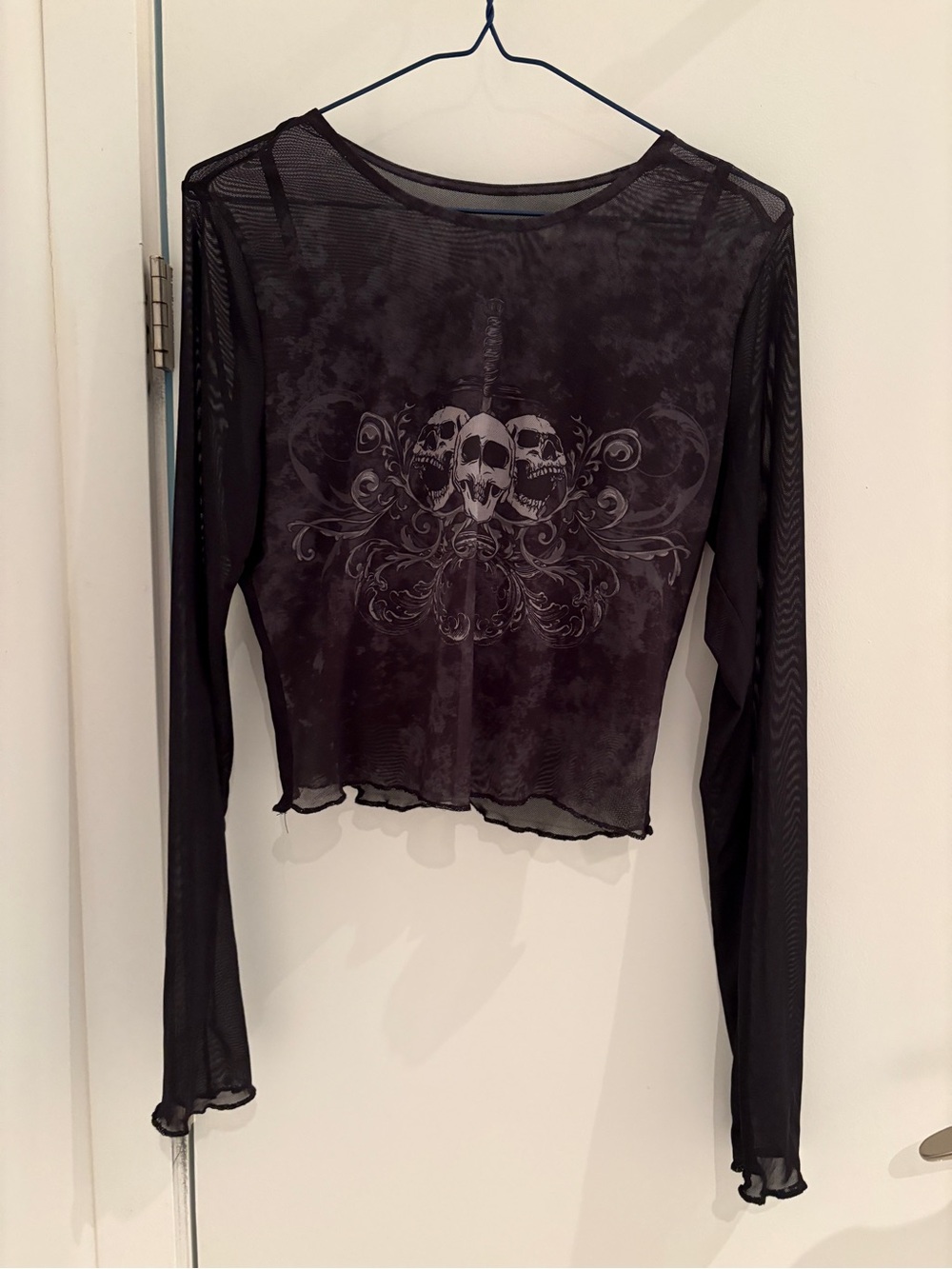 Black Sheer Long-Sleeve Skull Graphic Top
